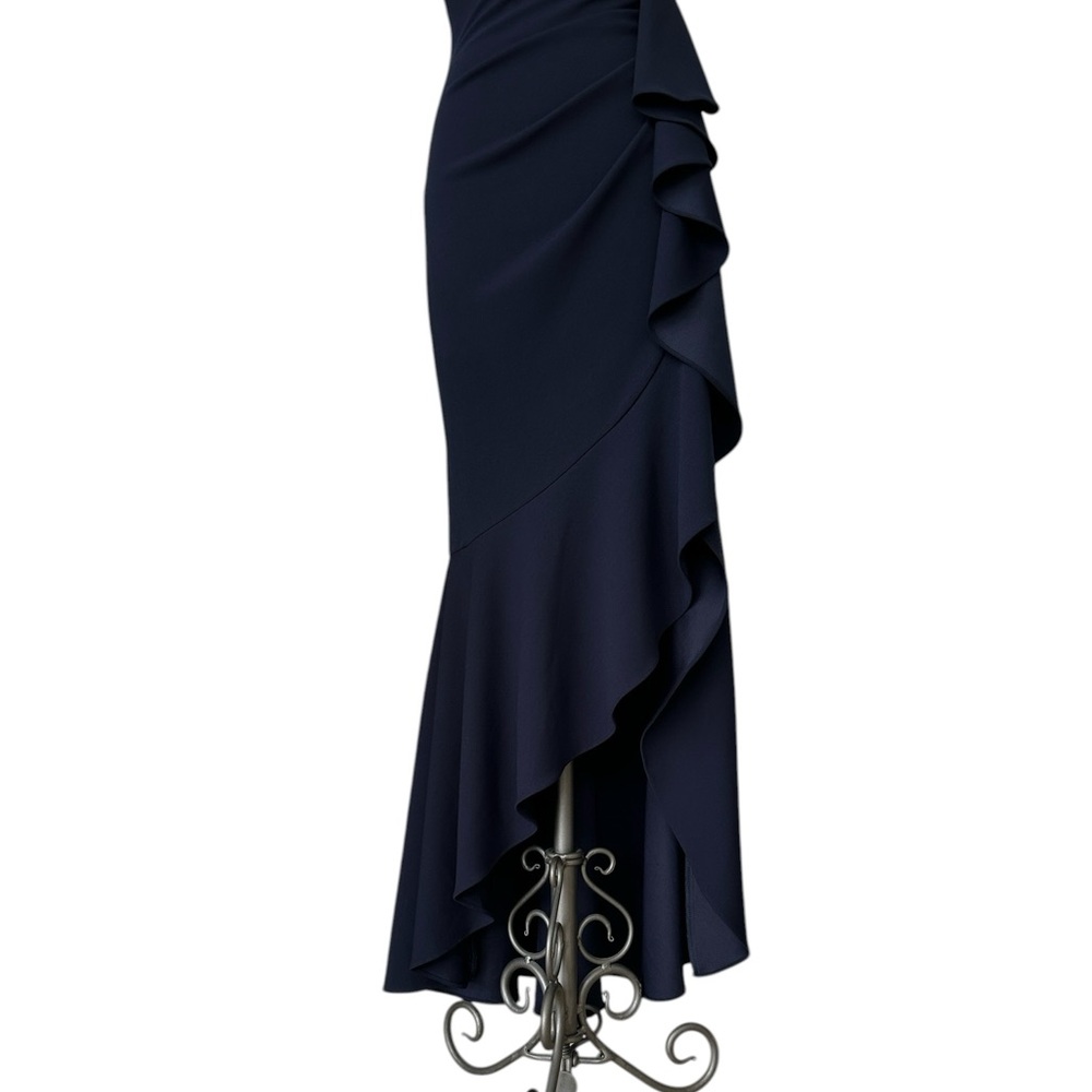 Betsy & Adam Candace Long V-neck Hi Low Cascade Dress Front Ruffle Navy Size 4 - Picture 8 of 15